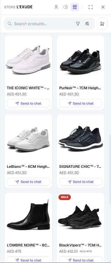 The chater360 store panel: a searchable product catalog with prices, where every product has a Send to chat button.